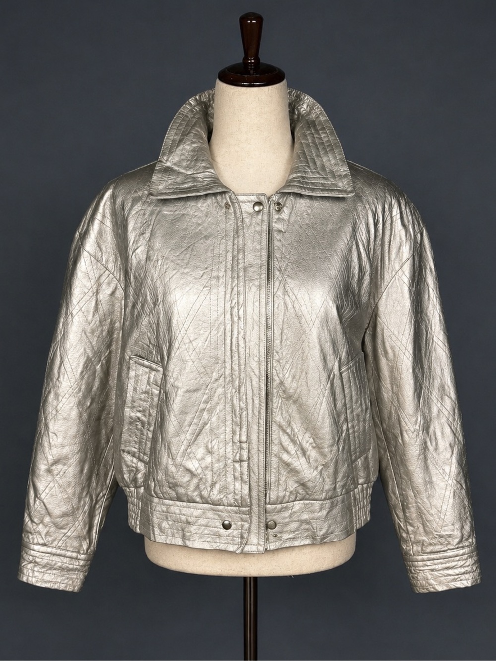 Vintage Lillie Rubin EREZ silver GLAM 80s leather jacket- moto bomber- M